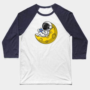 Cute Astronaut Reading Book On Moon Cartoon Baseball T-Shirt